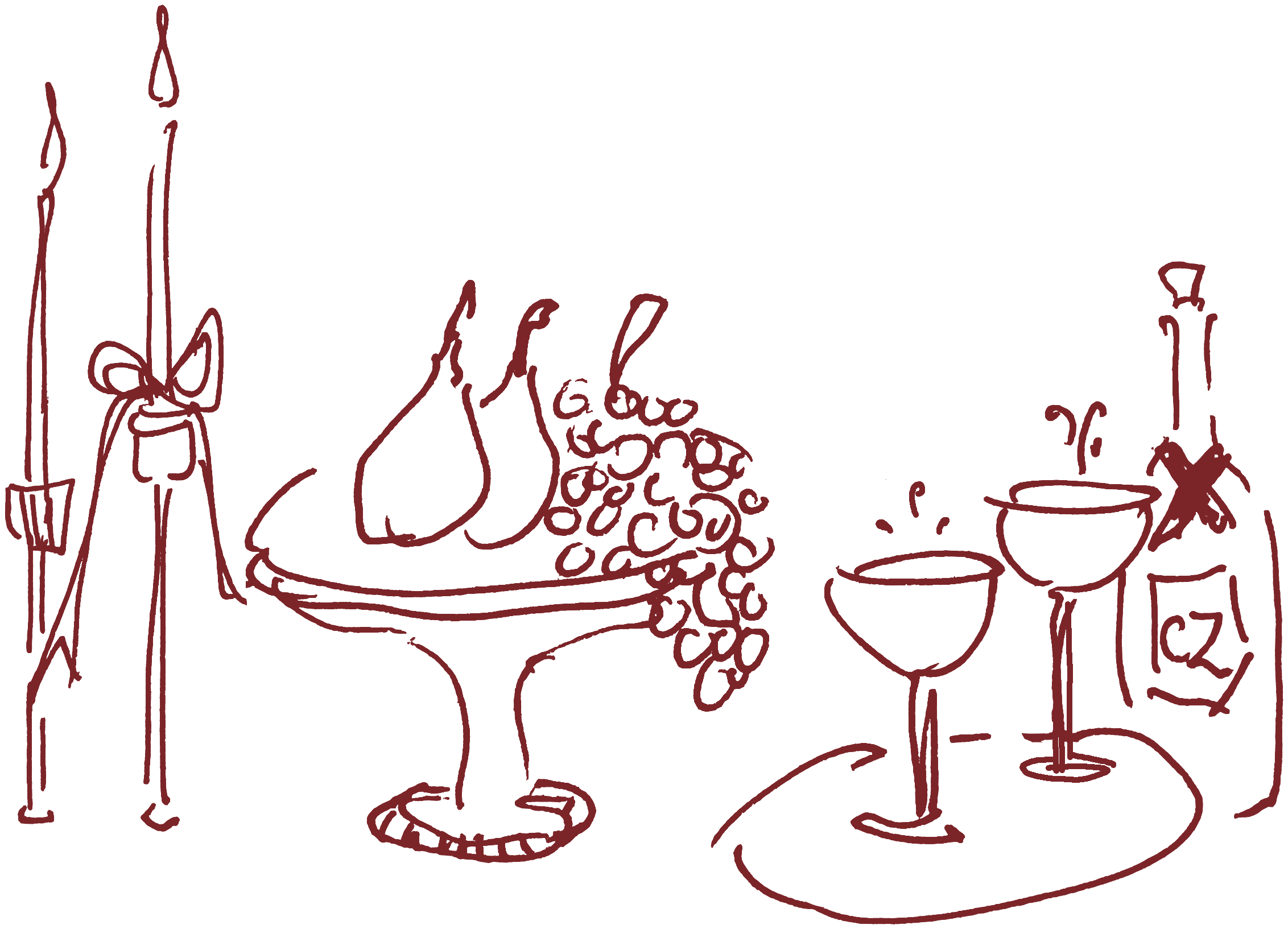 Hand-drawn candles, fruit plate and wine